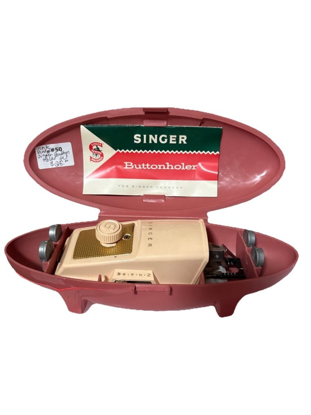 *Vintage 1960's Singer Buttonholer Pink Case w/Sewing Machine Attachments (N-3)